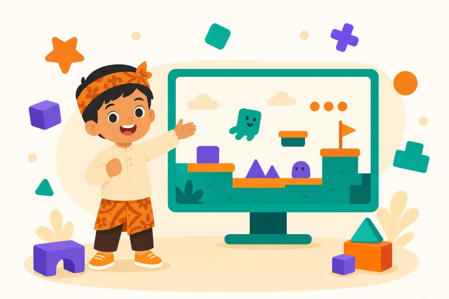 Anak menunjukkan game buatannya sendiri di layar