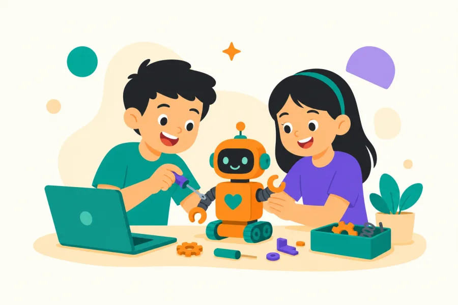 Dua anak merakit robot bareng di depan laptop