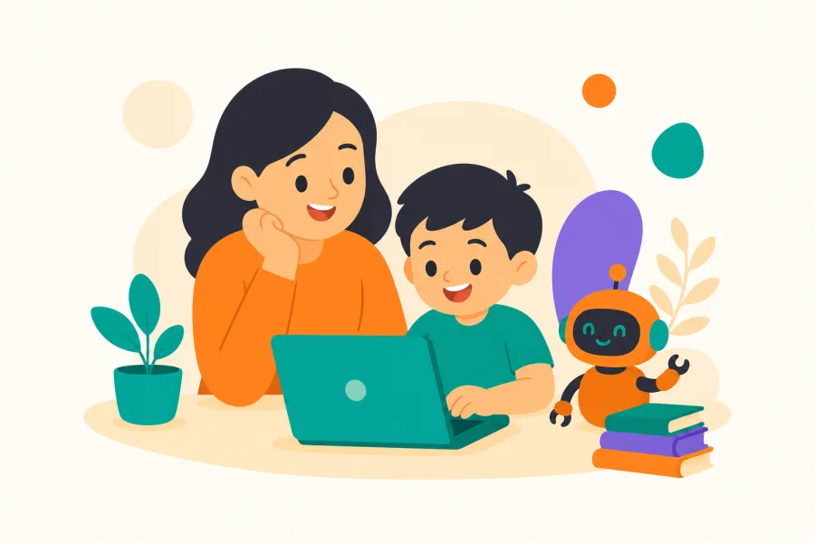 Orang tua menemani anaknya belajar coding